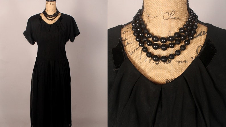 50s Black Dress, Vintage 50s Dress, 50s Black Chiffon Dress, 50s Dress by Forever Young Puritan, 50s Dress Size L, Black Dress 30 waist image 1