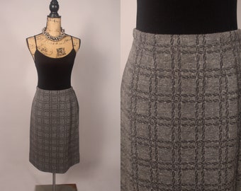 Vintage 60s Gray Wool Patterned Skirt by Odys de paris made in France Size M L 29" waist