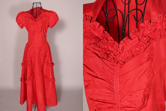 30s 40s Dress // Vintage 30s 40s Red Taffeta Ruffl