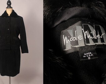 Nicole Miller //  Vintage 80s 90s Black Dress Suit by Nicole Miller Size 8 rabbit fur collar sleeveless dress