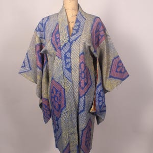 Vintage Blue and Pink Haori Kimono Jacket Robe with red & yellow print lining