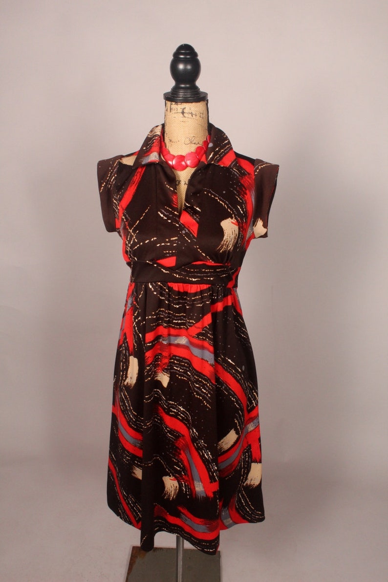 VINTAGE 60s 70s BROWN BLUE RED STRIPED FLORAL V-NECK SLEEVELESS MAXI DRESS 10