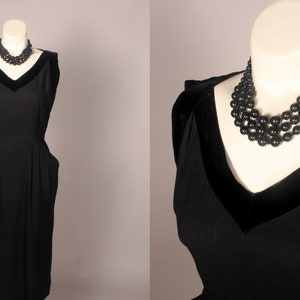 Vintage 50s Black Dress, Vintage 50s Black Linen Dress with Velvet Trim Size S 26 waist, Black Dress metal side zipper zdjęcie 1