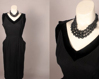 Vintage 50s Black Dress,  Vintage 50s Black Linen Dress with Velvet Trim Size S 26" waist, Black Dress metal side zipper