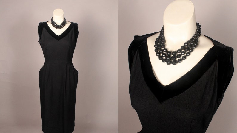 Vintage 50s Black Dress, Vintage 50s Black Linen Dress with Velvet Trim Size S 26 waist, Black Dress metal side zipper zdjęcie 1