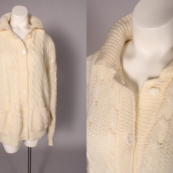 Pull des années 80 // Vintage 80s Cream Cardigan Sweater par Adele Joyce Size M mélange nylon acrylique en laine de mohair fabriqué dans des poches de col hongkongais
