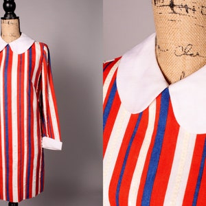 60s Dress // Vintage 60s Red White & Blue Striped Linen Dress Size M with Sequin Accents and Peter Pan Collar image 1