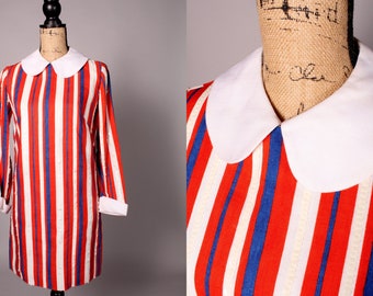 60s Dress //  Vintage 60s Red White & Blue Striped Linen Dress Size M  with Sequin Accents and Peter Pan Collar