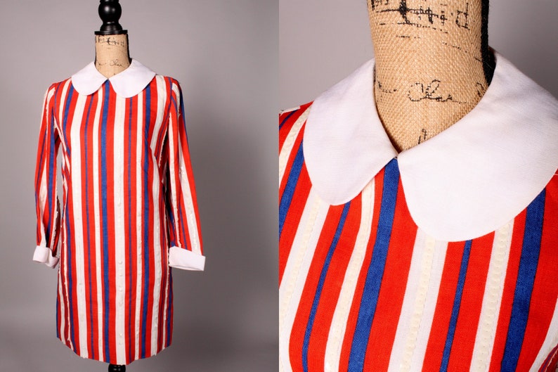 60s Dress // Vintage 60s Red White & Blue Striped Linen Dress Size M with Sequin Accents and Peter Pan Collar image 1