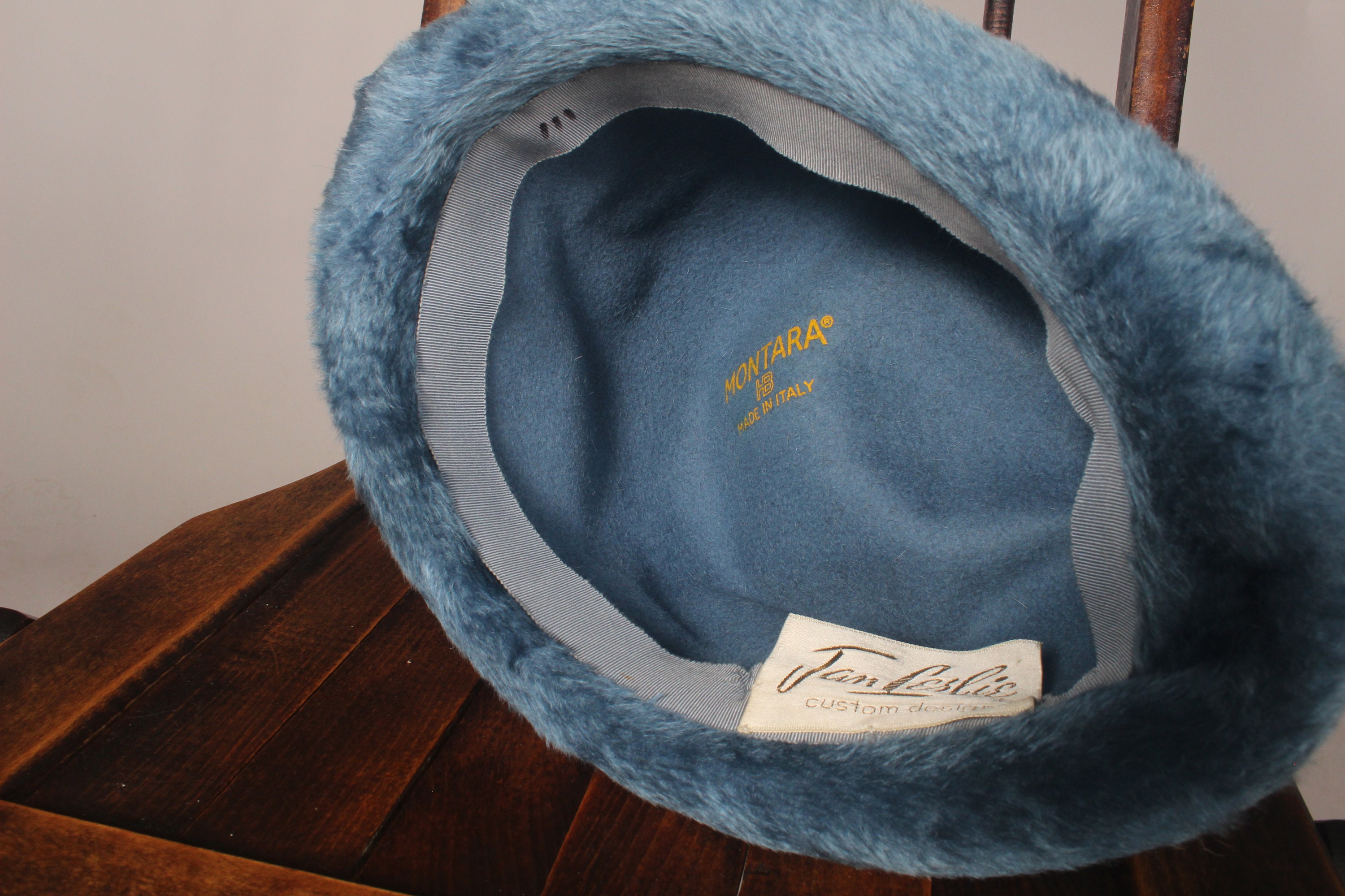 Vintage 60s Blue Faux Fur Unisex Hat with Brocade Accent by Jan Leslie Montara made in Italy