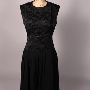 Vintage 60s Black Brocade and Chiffon Party Dress Size L 30&quot; waist drop waist beautiful buttons metal back zipper