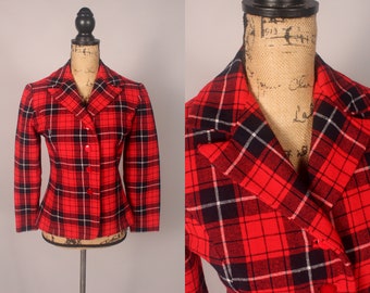 Vintage 60s Red Plaid Wool Blazer Size S fully lined