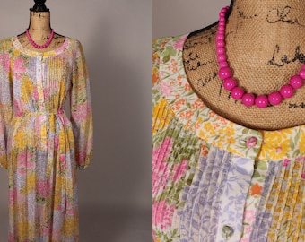 70s Dress //  Vintage Pastel Floral Gauze Dress with belt by Jamison Boutique Size M L