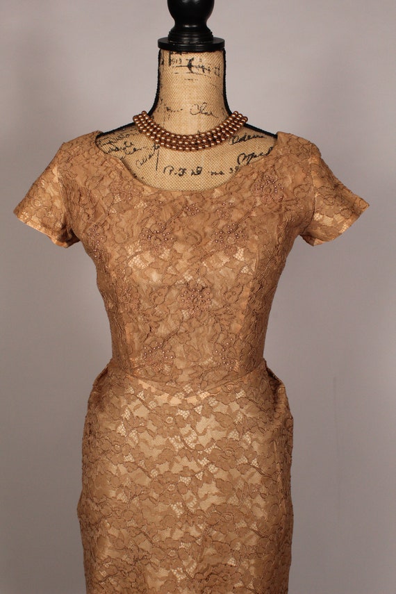 50s 60s Dress //  Vintage 50s 60s Tan Taupe Lace … - image 3