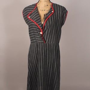 Vintage 70s 80s Black Gray Stripe Dress with Red Accents & one really adorable button!  by Oops California