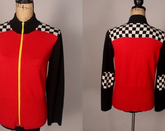 80s Sweater //  Vintage 80s Red Sweater with Black & White Check Accent by Taylor'd for the Soul Size M Hong Kong cotton