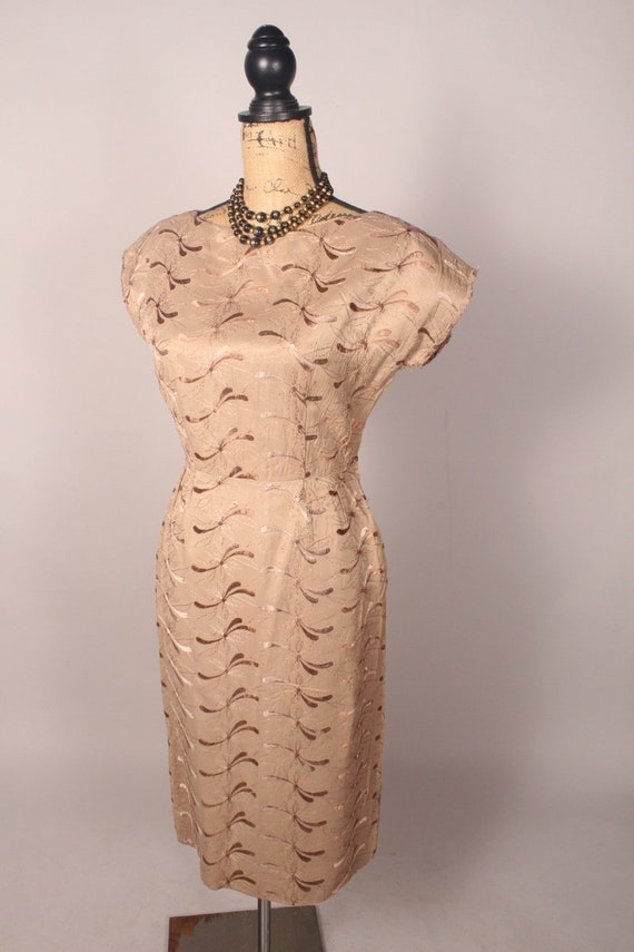 Vintage 50s 60s Dress,  50s 60s Tan Dress,  Embro… - image 7