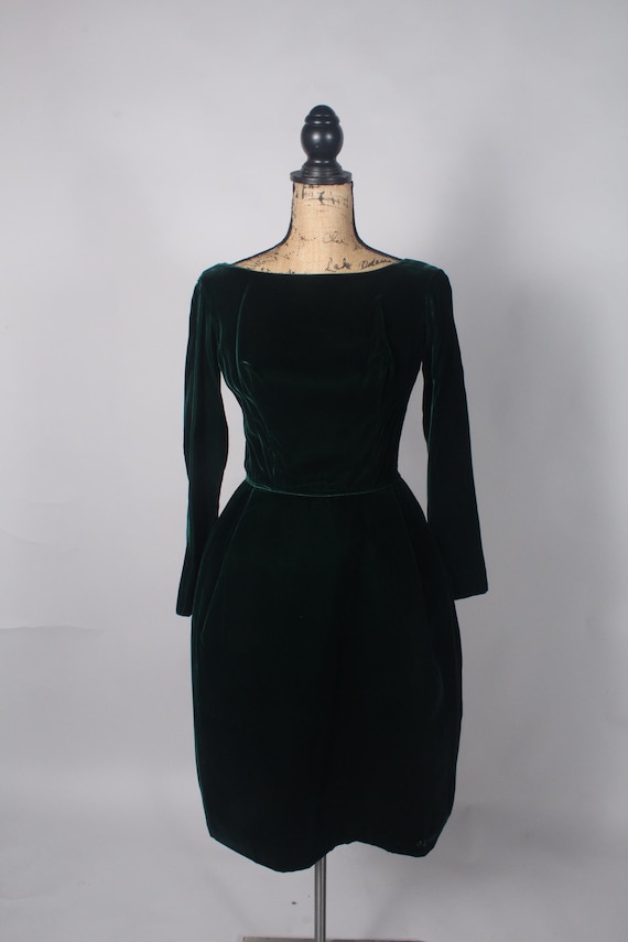 vintage 1960 party dresses Vintage 60s Dark Green Velvet Dress Sz S 26
