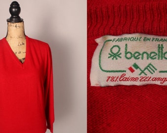 Vintage Benetton Sweater, Vintage Red Benetton Sweater Made In France, Vintage Benetton Wool Angora Sweater