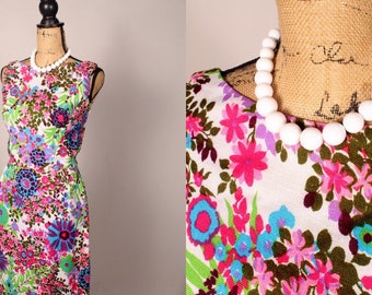 Vintage 60s Dress, Floral Linen Dress,  Vintage Linen Dress by Ira Curtis, Vintage Floral Dress Size M, 60s Summer Dress