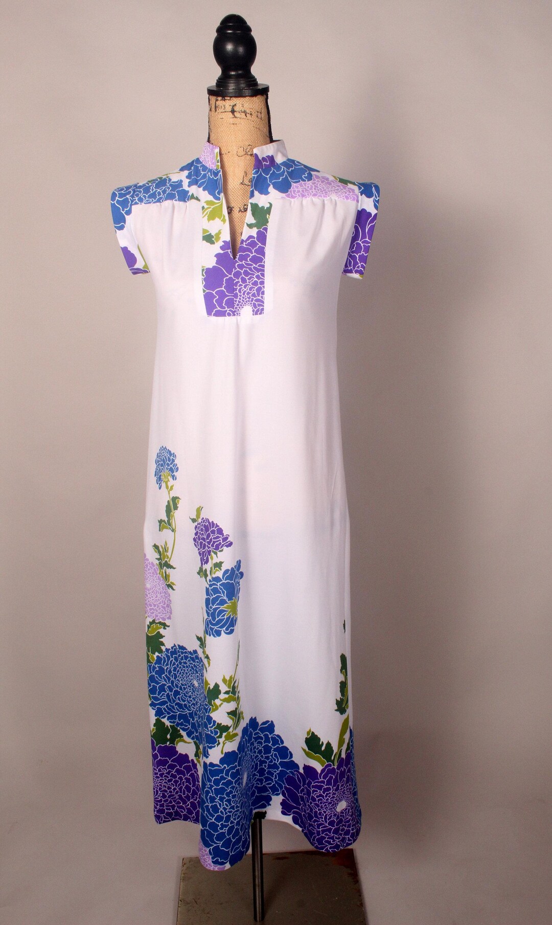 Vintage 60s 70s Poly White Blue Floral Hawaiian Maxi Dress - Etsy
