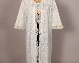 Vintage 60s Pale Blue & White Lace Peignoir Robe by Stella Fagin ~open size ~bell sleeves ~ pockets