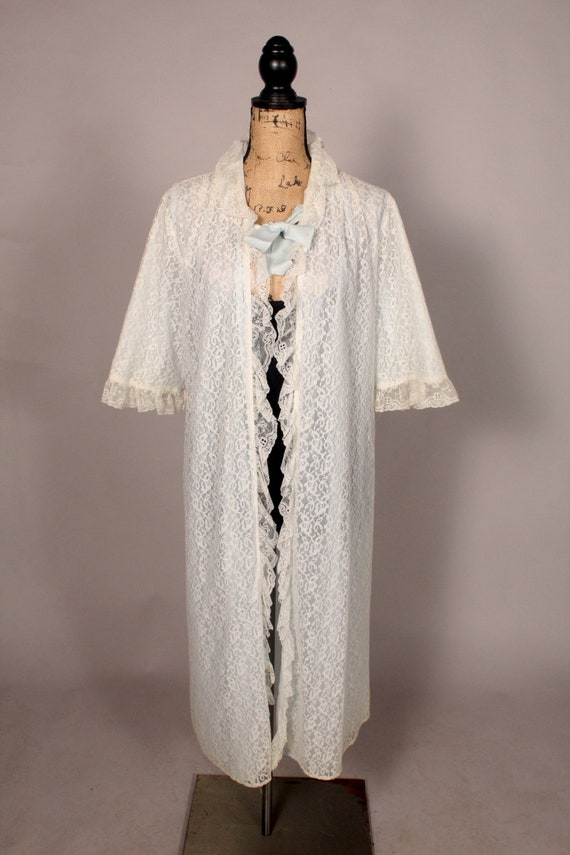 60s Peignoir Robe //  Vintage 60s Pale Blue & Whi… - image 2