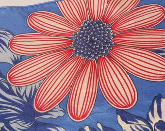 Vintage Hanae Mori Blue Silk Scarf Red Floral Print 49x14"