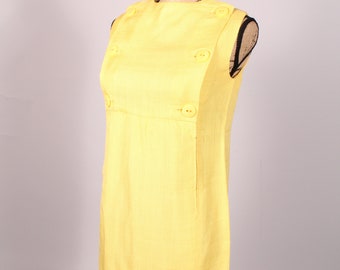 Vintage 60s Lemon Yellow Linen Mini Dress Size M sleeveless
