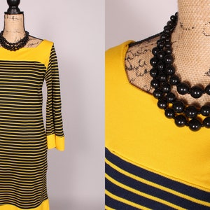 Vintage 60s Yellow and Navy Blue Striped Dress Size M square neck mod