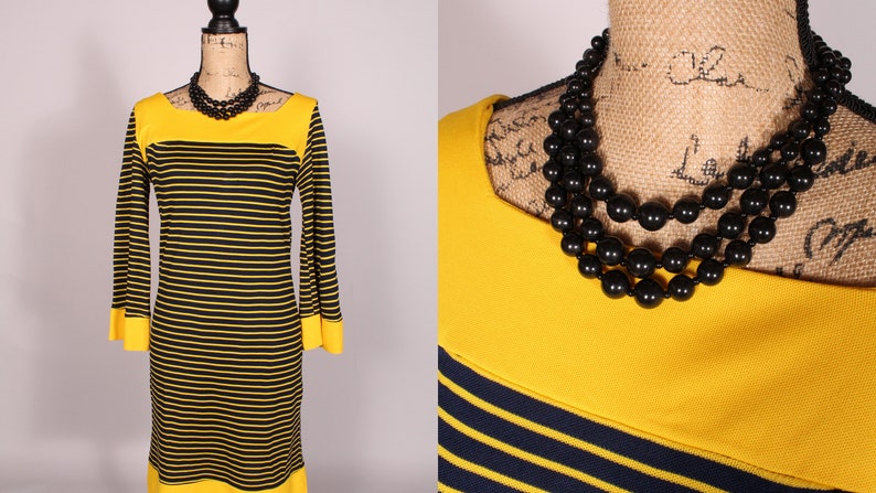 Vintage 60s Yellow and Navy Blue Striped Dress Size M square neck mod
