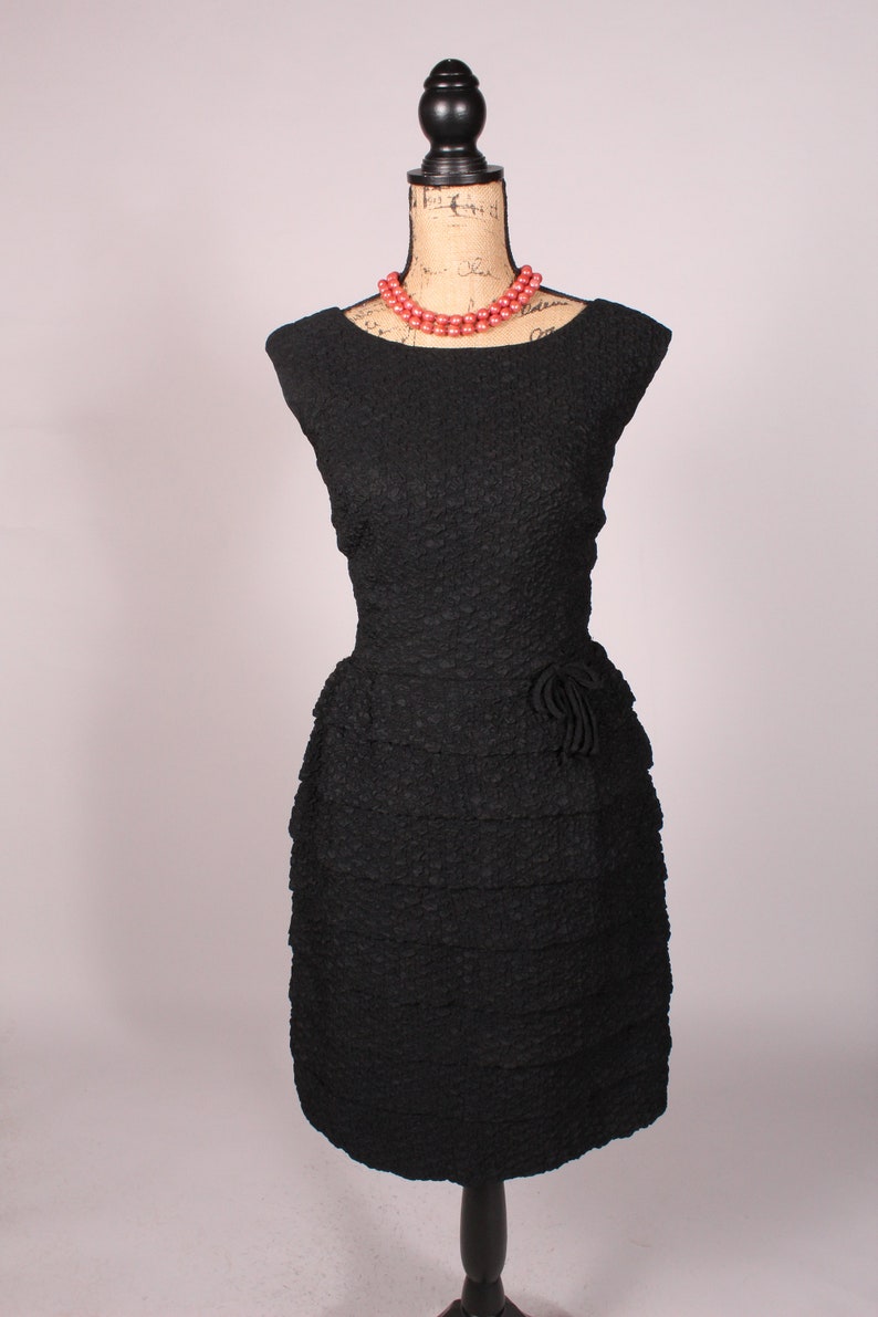 50s 60s Dress // Vintage 50s 60s Black Dress Size M 27 waist textured tiered skirt cocktail party image 2