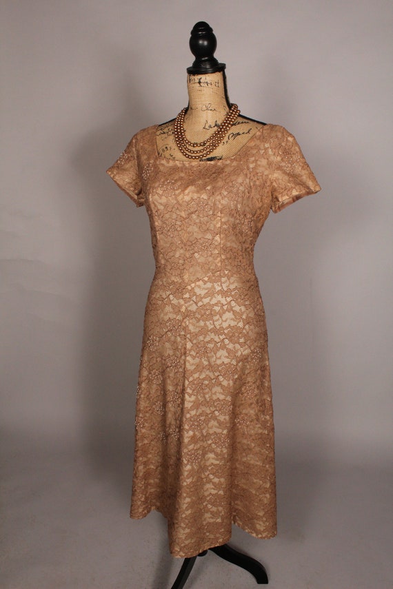 Vintage 50s Tan Taupe Lace Dress by Norman Original Size L 31" waist with pearl beads & twirly back of skirt Vintage 50s Tan Taupe Lace Dress by Norman Original Size L 31" waist with pearl beads & twirly back of skirt