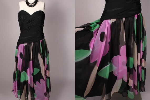 80s Dress // Vintage 80s Black and Floral Chiffon