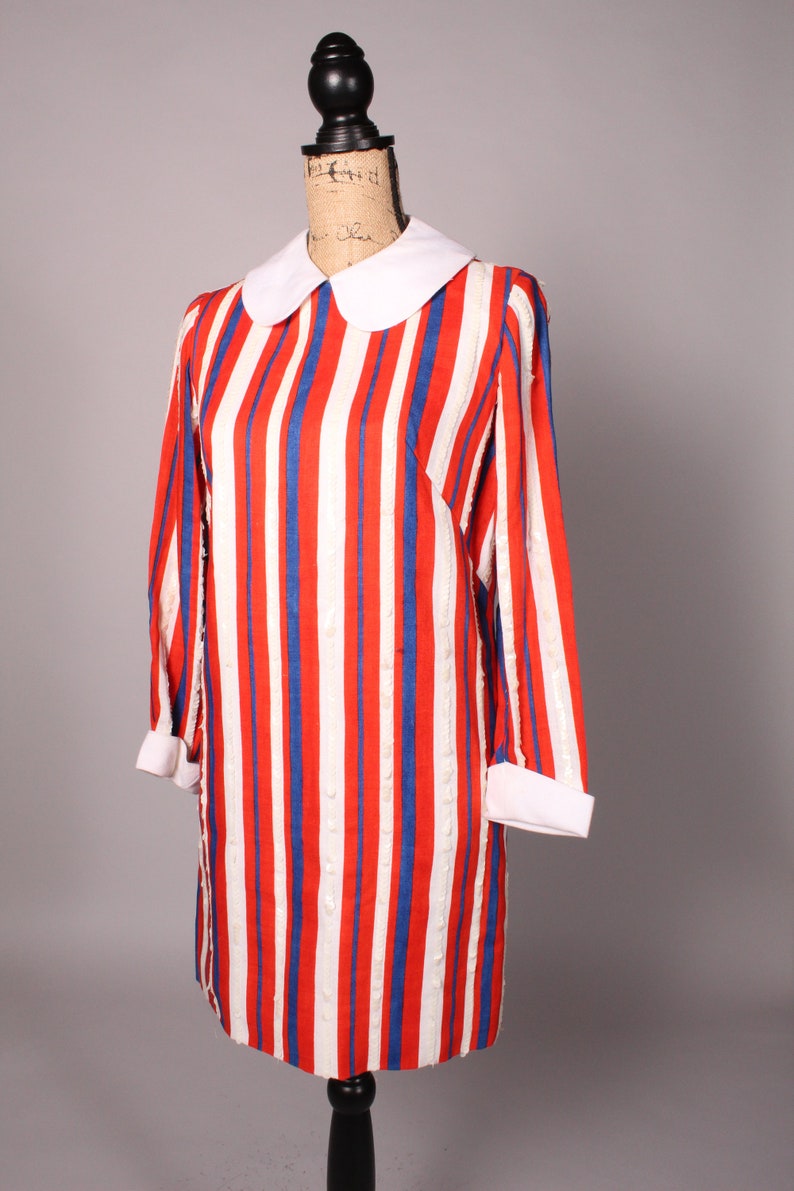 60s Dress // Vintage 60s Red White & Blue Striped Linen Dress Size M with Sequin Accents and Peter Pan Collar image 7