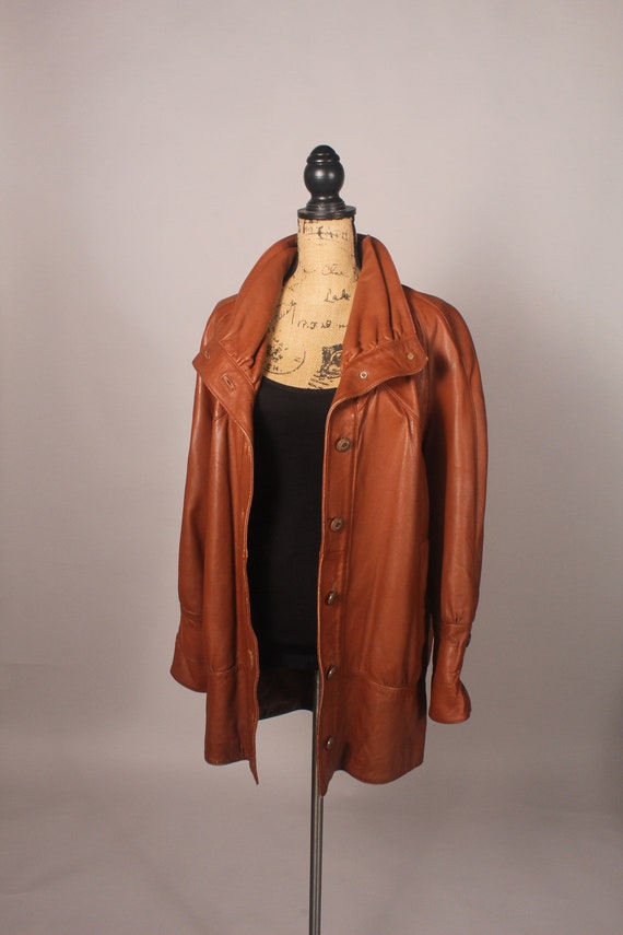 Vintage 80s 90s Caramel Brown Leather Jacket Coat… - image 2