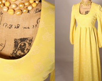 Vintage 60s Maxi Dress, Vintage Yellow Maxi Dress, Maxi Dress With Bishop Sleeves, Vintage 60s Dress Size L 30" Waist