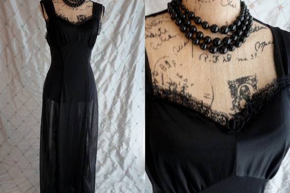 50s Nightgown // Vintage 50s Black Sheer Nylon Ch