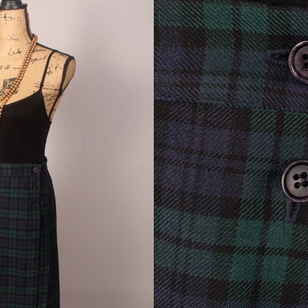 Vintage 80s Skirt, Vintage Plaid Skirt, 80s 90s Skirt, Vintage Blue Green Plaid Skirt Size M