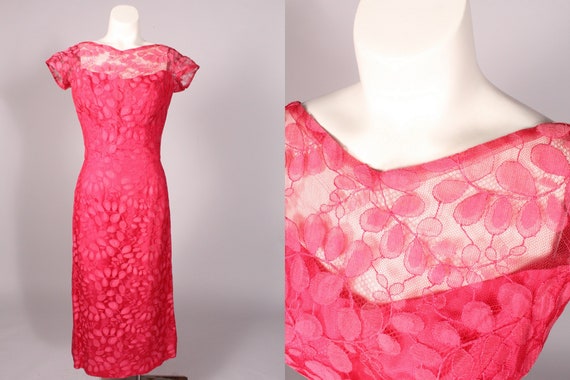 50s Dress // Vintage 50s Coral Pink Floral Lace C