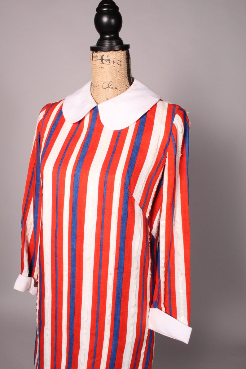 60s Dress // Vintage 60s Red White & Blue Striped Linen Dress Size M with Sequin Accents and Peter Pan Collar image 10