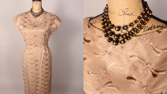 Vintage 50s 60s Dress,  50s 60s Tan Dress,  Embro… - image 1