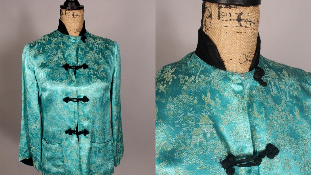 80s Asian Jacket, Satin Jacket, Aqua Blue Jacket, Fukubon, Japanese