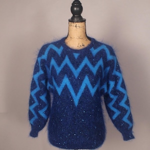Vintage 80s Blue Angora & Wool Pullover Sweater by Carducci Size M L sparkly!