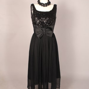 Vintage 50s Black Sequin Chiffon Satin Party Dress ~AS-IS~ Size S M 27&quot; waist