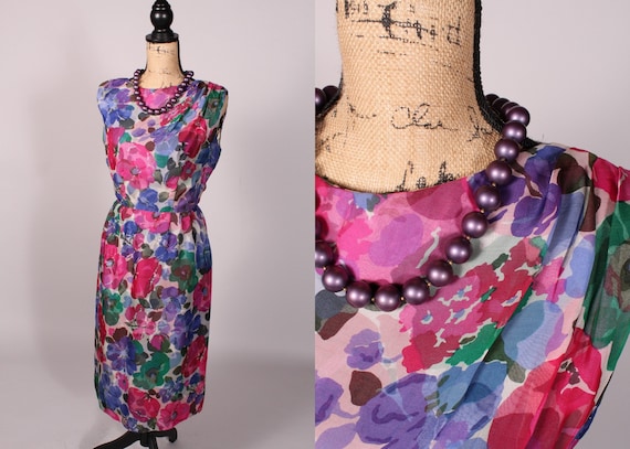 50s 60s Dress // Vintage 50s 60s Blue Pink Floral… - image 1