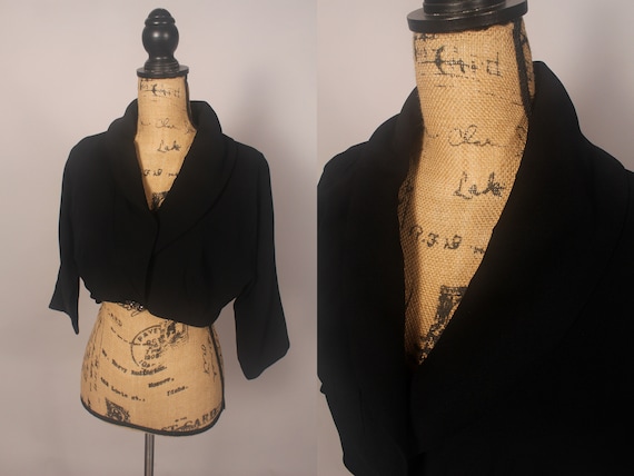 Vintage 50s Black Rayon Cropped Jacket with Rhine… - image 1