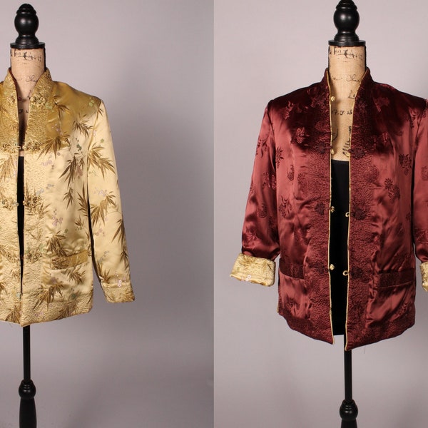 60s Jacket //  Vintage 60s Gold & Brown Satin Brocade Chinese Jacket Size M L reversible