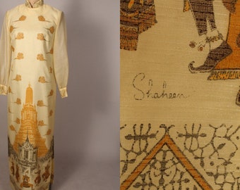 Shaheen //  Vintage 60s 70s Yellow Screen Print Hawaiian Dress by Alfred Shaheen Size M L dancers temple