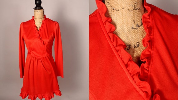60s 70s Orange Ruffly Mini Dress, Vintage Mini Dr… - image 1